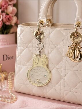 Bunny Mirror Keychain Charm with‎ Iridescent Rhinestones - Lace Cream